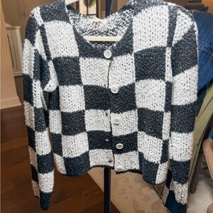Main Strip Black and White Checkered Button-Front Cardigan
